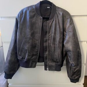 H&M Dark Gray washed leather bomber jacket